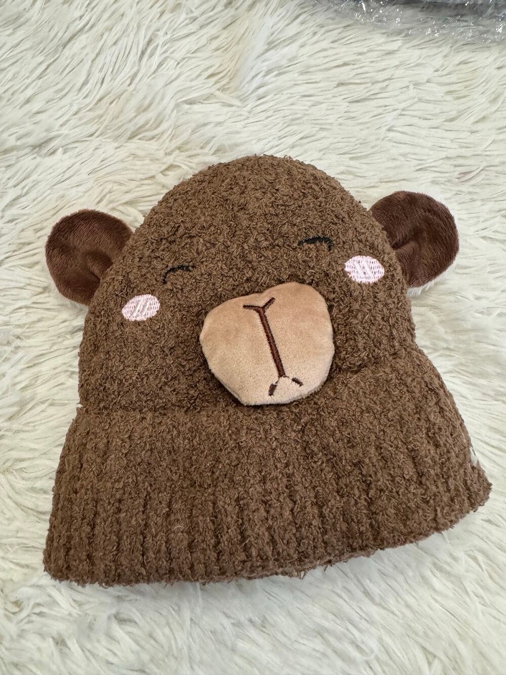 Brown llama kid beanie knit hat with embroidered face and fuzzy lined